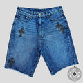Chrome Hearts Leather Cross Patch Jean Shorts in Dark Wash